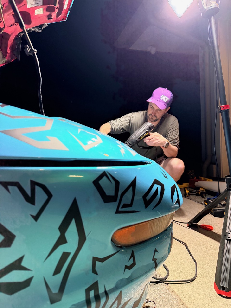 Applying the wrap to The Beast late into the night